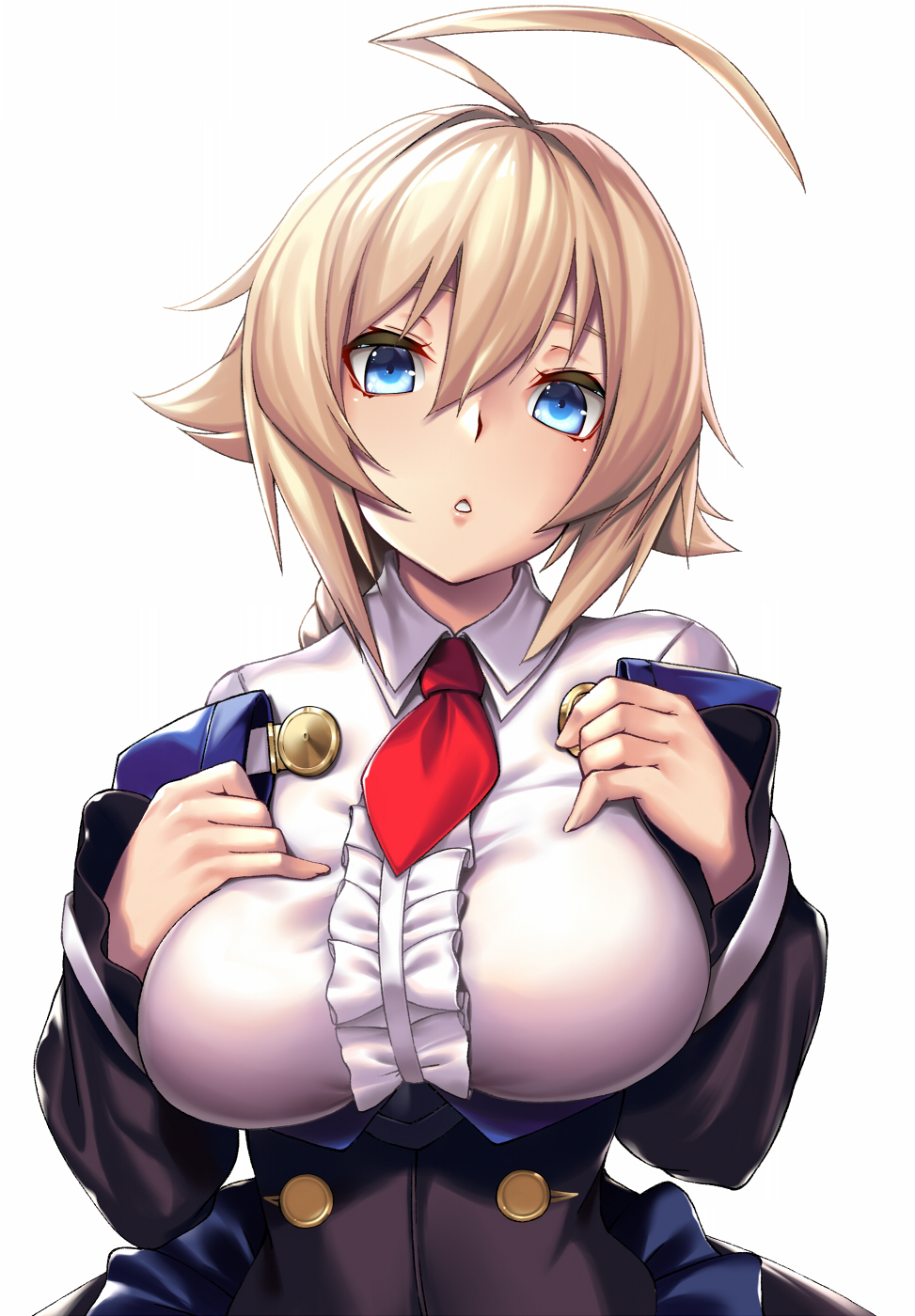 1girl ahoge ascot blazblue blonde_hair blue_eyes breasts es_(xblaze) highres large_breasts looking_at_viewer red_neckwear shirt short_hair simple_background solo takanashi-a white_background white_shirt xblaze