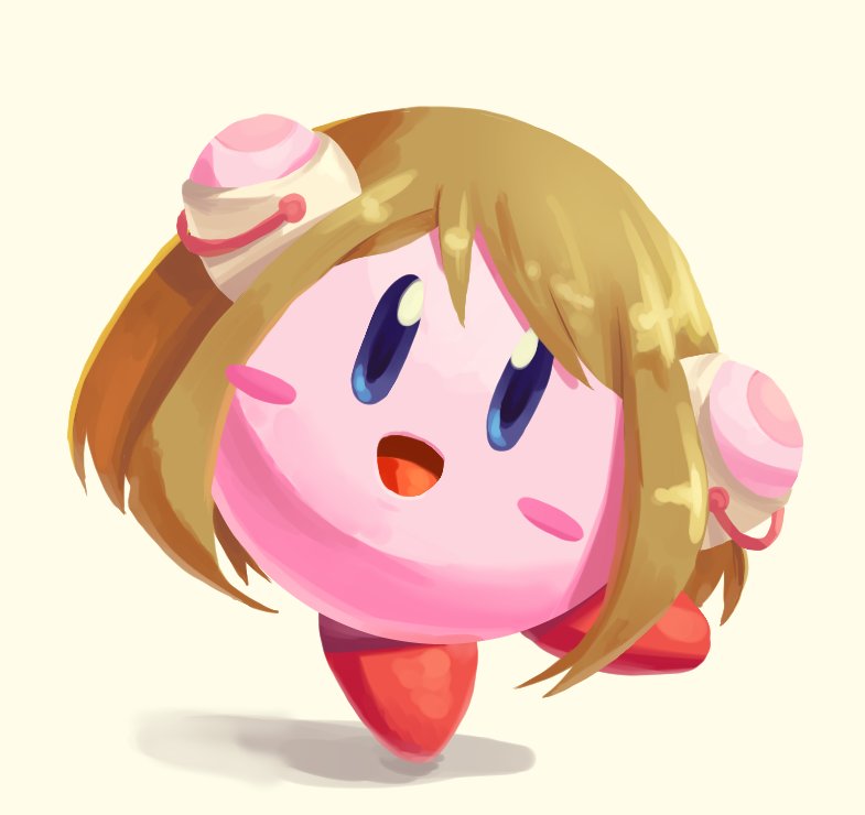 :d blue_eyes blush_stickers boku_no_hero_academia brown_hair chkao fusion kirby kirby_(series) nintendo open_mouth shadow simple_background smile standing standing_on_one_leg uraraka_ochako waving yellow_background