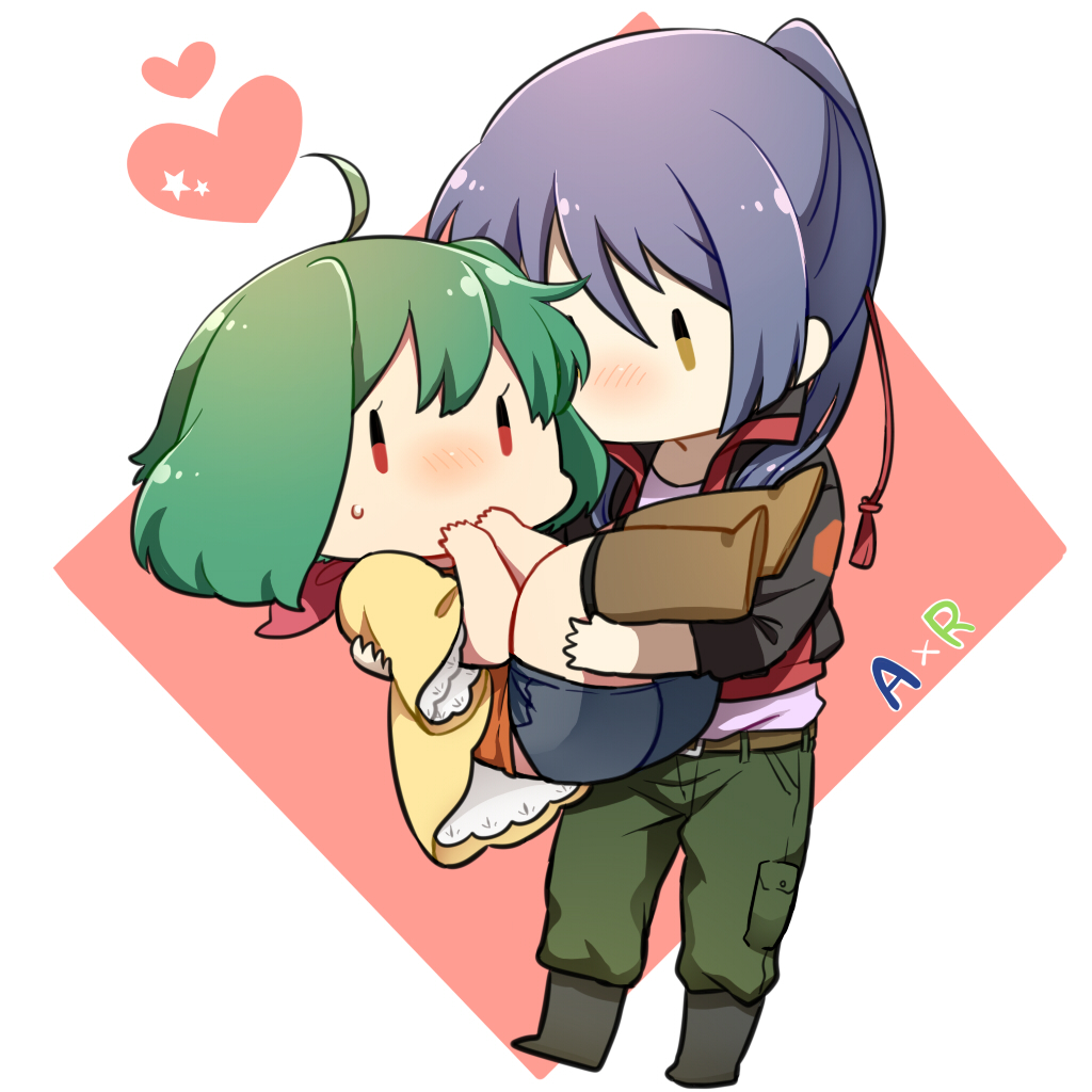 1boy 1girl ahoge blue_hair blush brown_eyes carrying chibi fuuka_(fu-haru) green_hair hand_to_own_mouth hetero long_hair macross macross_frontier no_mouth ponytail princess_carry ranka_lee red_eyes saotome_alto short_hair sweatdrop