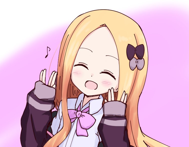 1girl :d ^_^ abigail_williams_(fate/grand_order) bangs blonde_hair blush bow closed_eyes closed_eyes collared_shirt commentary_request cosplay eighth_note facing_viewer fate/grand_order fate_(series) forehead gradient gradient_background hair_bow hands_up jacket kujou_karasuma long_hair long_sleeves musical_note open_mouth parted_bangs pink_background pink_bow purple_bow purple_jacket salute shinjou_akane shinjou_akane_(cosplay) shirt sleeves_past_wrists smile solo ssss.gridman vulcan_salute white_background white_shirt