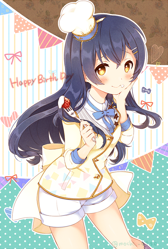 1girl bangs blue_hair blush chef_hat commentary_request cowboy_shot food food_on_face fork fruit hair_between_eyes hair_ornament hairclip hand_on_own_cheek hand_on_own_face happy_birthday hat holding holding_fork long_hair looking_at_viewer love_live! love_live!_school_idol_festival love_live!_school_idol_project mini_hat neck_ribbon ribbon sakuramochi_n shorts smile solo sonoda_umi strawberry yellow_eyes