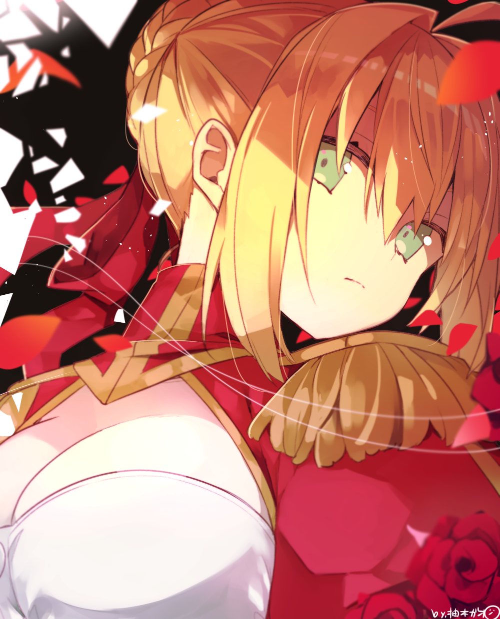 1girl ahoge bangs black_background blonde_hair blurry blurry_foreground bow braid breasts cleavage closed_mouth commentary_request depth_of_field dress epaulettes fate/extra fate_(series) flower green_eyes hair_between_eyes hair_bow hair_bun hair_intakes head_tilt highres looking_at_viewer medium_breasts nero_claudius_(fate) nero_claudius_(fate)_(all) petals puffy_sleeves red_bow red_dress red_flower red_rose rose sidelocks signature solo upper_body yuzuki_gao