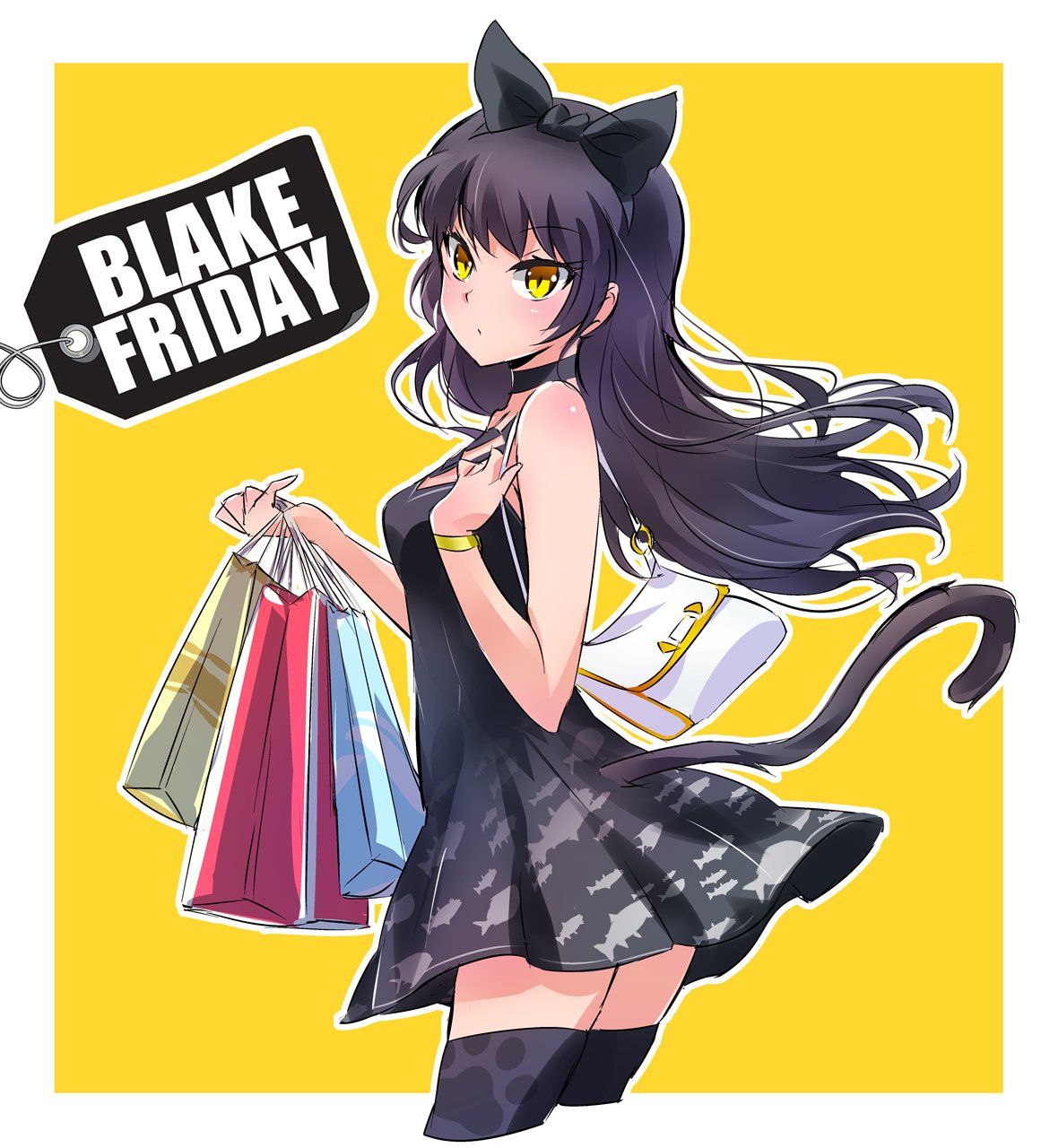 1girl bag bare_shoulders black_dress black_friday black_hair blake_belladonna bow bracelet cat_tail dress english handbag highres iesupa jewelry looking_at_viewer price_tag pun rwby shopping_bag short_dress solo tail thigh-highs yellow_background yellow_eyes