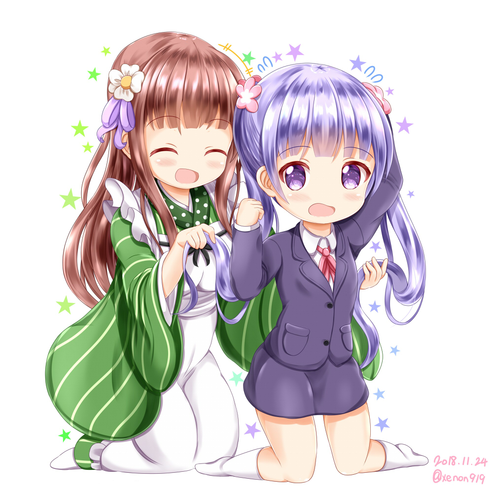 +++ 2girls :d ^_^ ama_usa_an_uniform apron blush brown_hair closed_eyes closed_eyes collared_shirt commentary_request creator_connection dated flower flying_sweatdrops formal gochuumon_wa_usagi_desu_ka? green_kimono hair_flower hair_ornament hand_up holding holding_hair jacket japanese_clothes kimono kneehighs kneeling long_hair long_sleeves maid_apron manga_time_kirara multiple_girls neck_ribbon new_game! no_shoes open_mouth pink_ribbon polka_dot polka_dot_trim purple_hair purple_jacket purple_skirt ribbon shirt skirt skirt_suit smile star striped suit suzukaze_aoba twintails twitter_username ujimatsu_chiya vertical-striped_kimono vertical_stripes very_long_hair violet_eyes white_apron white_flower white_legwear white_shirt wide_sleeves zenon_(for_achieve)