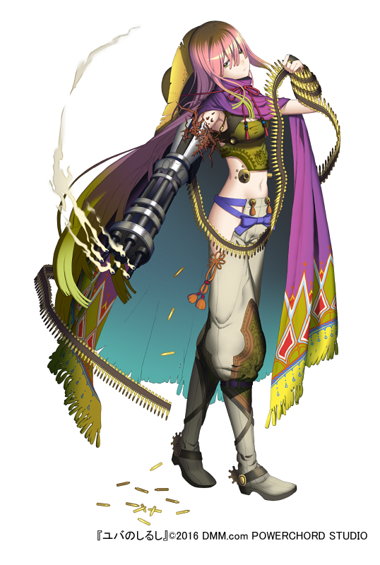 1girl ammunition ammunition_belt bridal_gauntlets brown_hair carapace cloak dmm full_body gatling_gun green_hair half-closed_eyes hat head_tilt looking_at_viewer midriff multicolored_hair navel official_art pink_hair prosthesis shell_casing smoke solo spurs straw_hat white_background yuba_no_shirushi zenmaibook