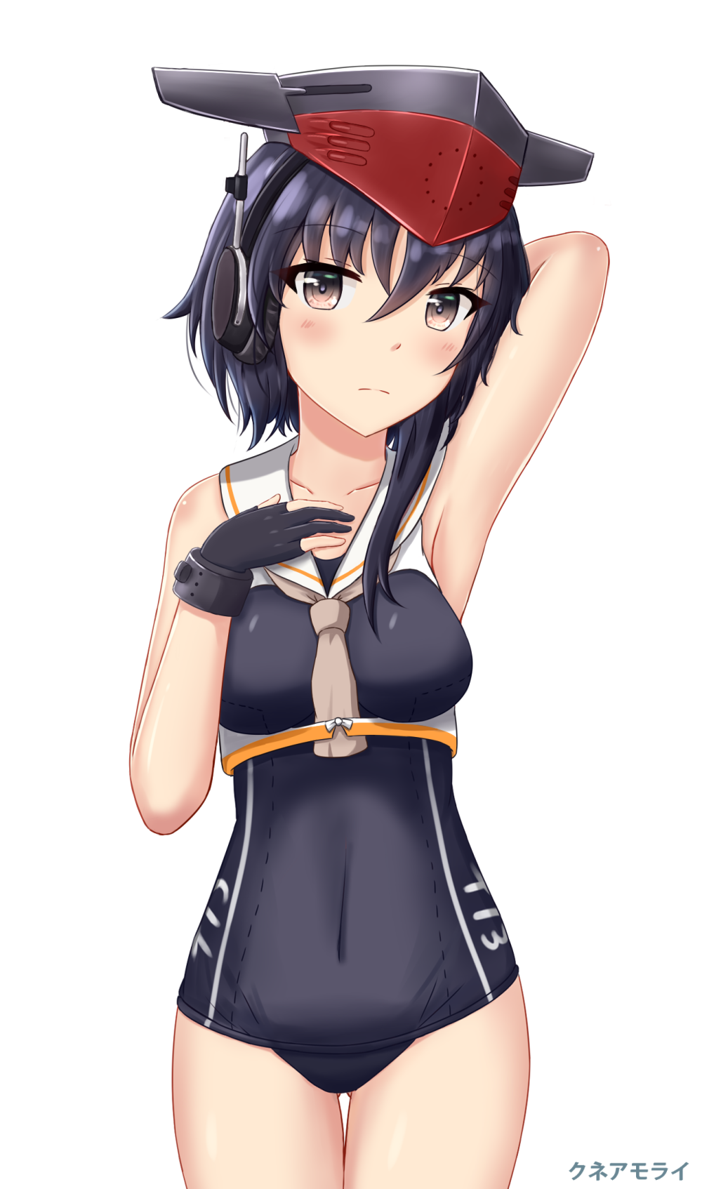 armpits ass_visible_through_thighs asymmetrical_hair black_hair black_swimsuit breasts brown_eyes collarbone crop_top framed_breasts gloves hair_between_eyes hand_behind_head hand_on_own_chest hat headphones highres i-13_(kantai_collection) kantai_collection kuneamorai looking_at_viewer medium_breasts one-piece_swimsuit partly_fingerless_gloves sailor_collar school_swimsuit short_hair simple_background single_glove swimsuit swimsuit_under_clothes white_background white_sailor_collar