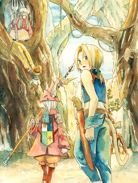 1girl blonde_hair burmecian commentary_request dagger deboo final_fantasy final_fantasy_ix freija_crescent gloves hat long_tongue multiple_boys quina_quen tail tongue traditional_media vivi_ornitier watercolor_(medium) weapon zidane_tribal