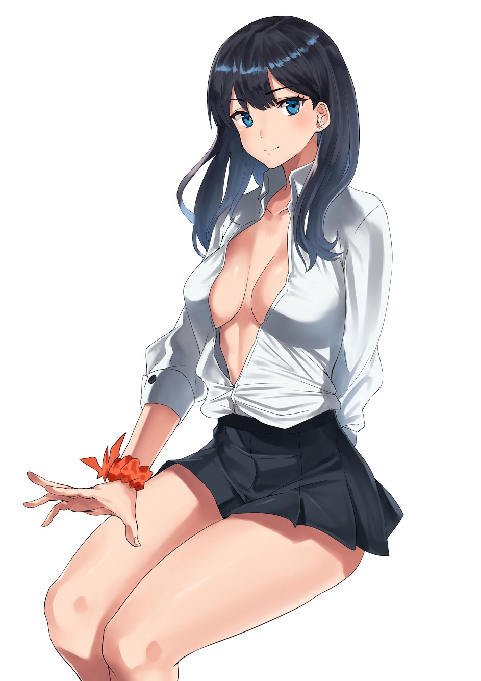 1girl bangs black_hair black_skirt blue_eyes breasts collarbone collared_shirt commentary_request cropped_legs fujitsubo_(hujitubo0731) highres long_hair long_sleeves looking_at_viewer medium_breasts no_bra orange_scrunchie pleated_skirt school_uniform scrunchie shirt simple_background skirt smile solo ssss.gridman takarada_rikka thighs unbuttoned unbuttoned_shirt white_shirt wrist_scrunchie