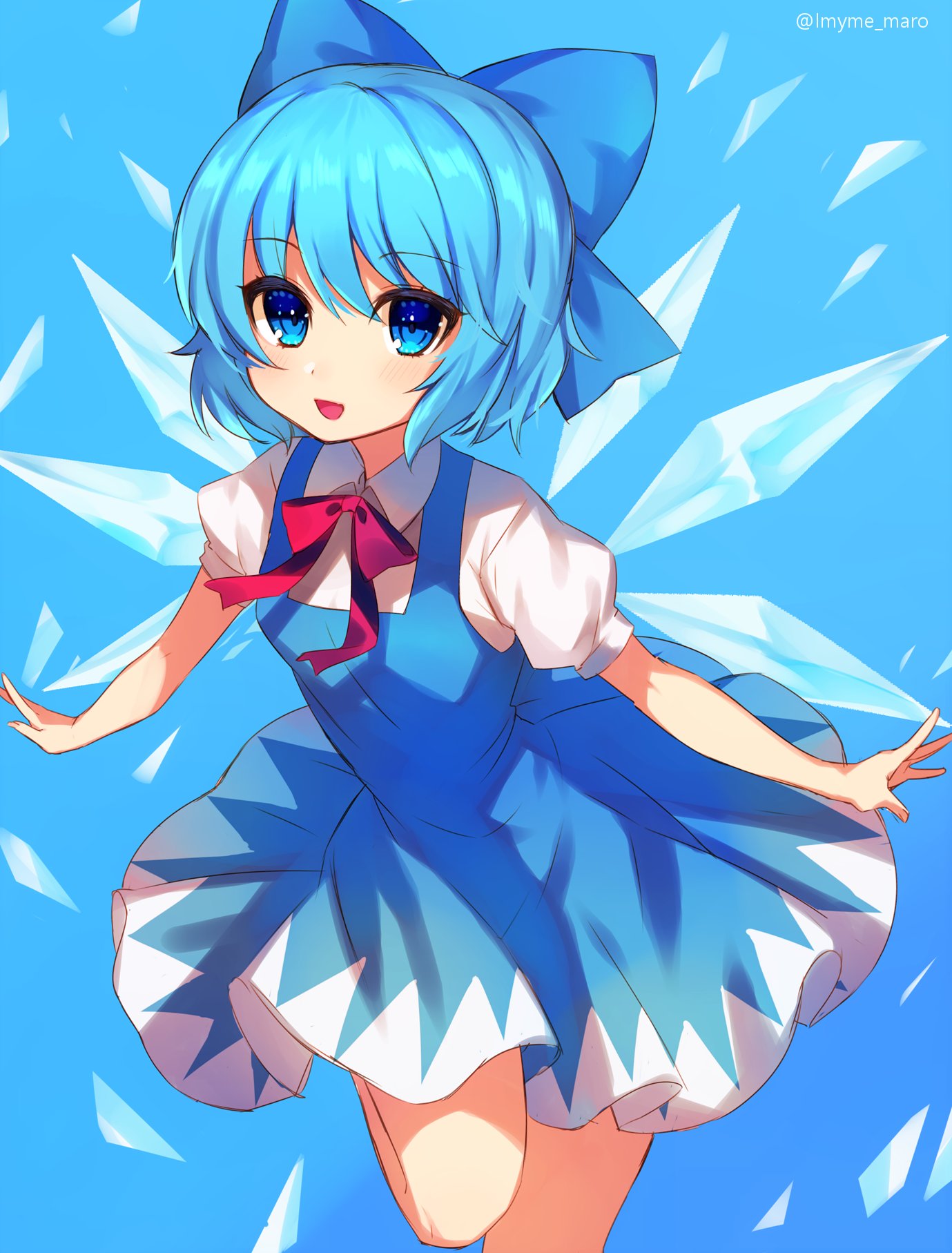 1girl blue_background blue_bow blue_dress blue_eyes blue_hair bow cirno dress eyebrows_visible_through_hair hair_bow highres ice ice_wings looking_at_viewer marota open_mouth outstretched_arms puffy_short_sleeves puffy_sleeves short_hair short_sleeves simple_background smile solo touhou twitter_username wings