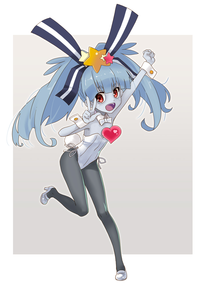 1girl :d alternate_costume black_legwear blue_hair blue_skin bow bowtie bunny_girl bunny_tail bunnysuit commentary_request detached_collar eyebrows_visible_through_hair female flat_chest full_body hair_ornament hair_ribbon heart hoshikawa_lily katahira_masashi leotard long_hair looking_at_viewer open_mouth pantyhose red_eyes ribbon simple_background smile solo star star_hair_ornament strapless strapless_leotard tail twintails white_leotard white_neckwear wrist_cuffs zombie zombie_land_saga