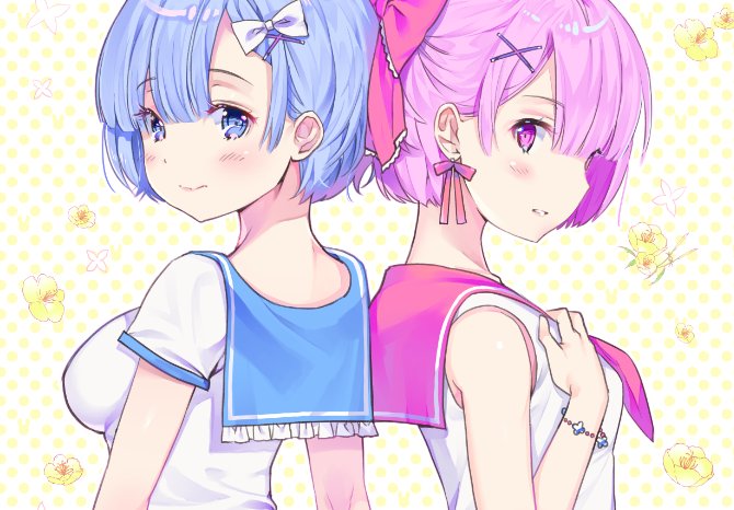 2girls back-to-back blue_eyes blue_hair blue_sailor_collar blush bow bracelet breasts chagoon hair_bow hair_ornament jewelry looking_at_viewer looking_back medium_breasts multiple_girls parted_lips pink_bow pink_eyes pink_hair pink_sailor_collar ram_(re:zero) re:zero_kara_hajimeru_isekai_seikatsu rem_(re:zero) sailor_collar shirt short_hair sleeveless sleeveless_shirt smile white_bow white_shirt x_hair_ornament