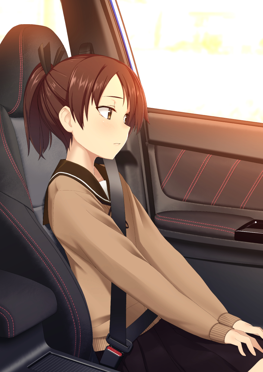 1girl bangs black_skirt blush brown_eyes brown_hair brown_sailor_collar brown_skirt car car_interior commentary_request cowboy_shot evening from_side ground_vehicle hair_ribbon hands_on_own_knees highres kantai_collection long_hair long_sleeves looking_to_the_side motor_vehicle ponytail ribbon sailor_collar sanhon school_uniform seatbelt serafuku shikinami_(kantai_collection) short_ponytail skirt vehicle_interior window