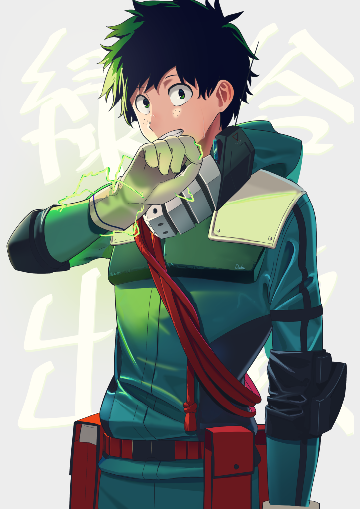 1boy belt bodysuit boku_no_hero_academia commentary_request freckles gloves green_eyes green_hair grey_background long_sleeves looking_at_viewer male_focus midoriya_izuku poligon_(046) pouch smile solo sparks standing white_gloves