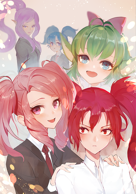 5girls aqua_eyes blue_eyes blue_hair bow collared_shirt green_hair hair_bow janna_windforce jinx_(league_of_legends) kirsos league_of_legends lulu_(league_of_legends) luxanna_crownguard multiple_girls necktie open_mouth pink_eyes pink_hair ponytail poppy purple_hair red_eyes redhead school_uniform shirt smile star_guardian_janna star_guardian_jinx star_guardian_lulu star_guardian_lux star_guardian_poppy twintails violet_eyes yordle