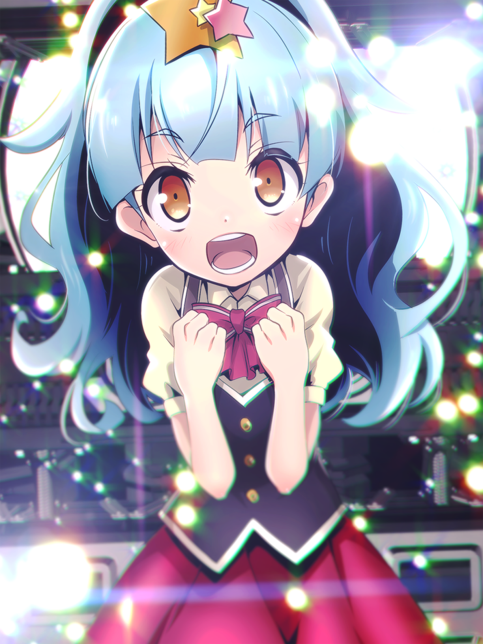 1girl blue_hair blush bow bowtie chromatic_aberration clenched_hands hair_ornament highres hoshikawa_lily idol open_mouth orange_eyes short_sleeves skirt smile solo star star_hair_ornament tom_(drpow) twintails zombie_land_saga