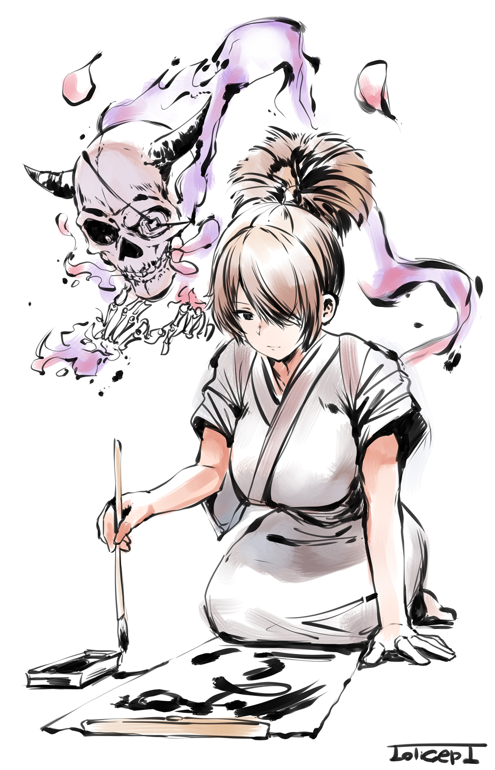 1girl black_eyes breasts brown_hair calligraphy calligraphy_brush character_request closed_mouth copyright_request ghost hair_over_one_eye highres ink japanese_clothes kimono large_breasts leaning_forward lolicept one_eye_covered paintbrush ponytail seiza simple_background sitting skull solo white_background writing