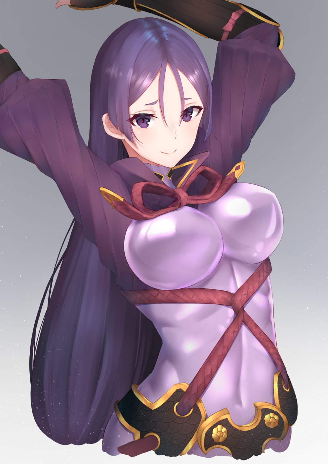 1girl arm_guards arms_up bangs bodysuit breasts cleavage closed_mouth covered_navel cropped_torso fate/grand_order fate_(series) gradient gradient_background hair_between_eyes highres large_breasts long_hair looking_at_viewer minamoto_no_raikou_(fate/grand_order) puffy_sleeves purple_bodysuit purple_hair reuri_(tjux4555) ribbed_sleeves shrug_(clothing) sidelocks simple_background smile solo thick_eyebrows violet_eyes