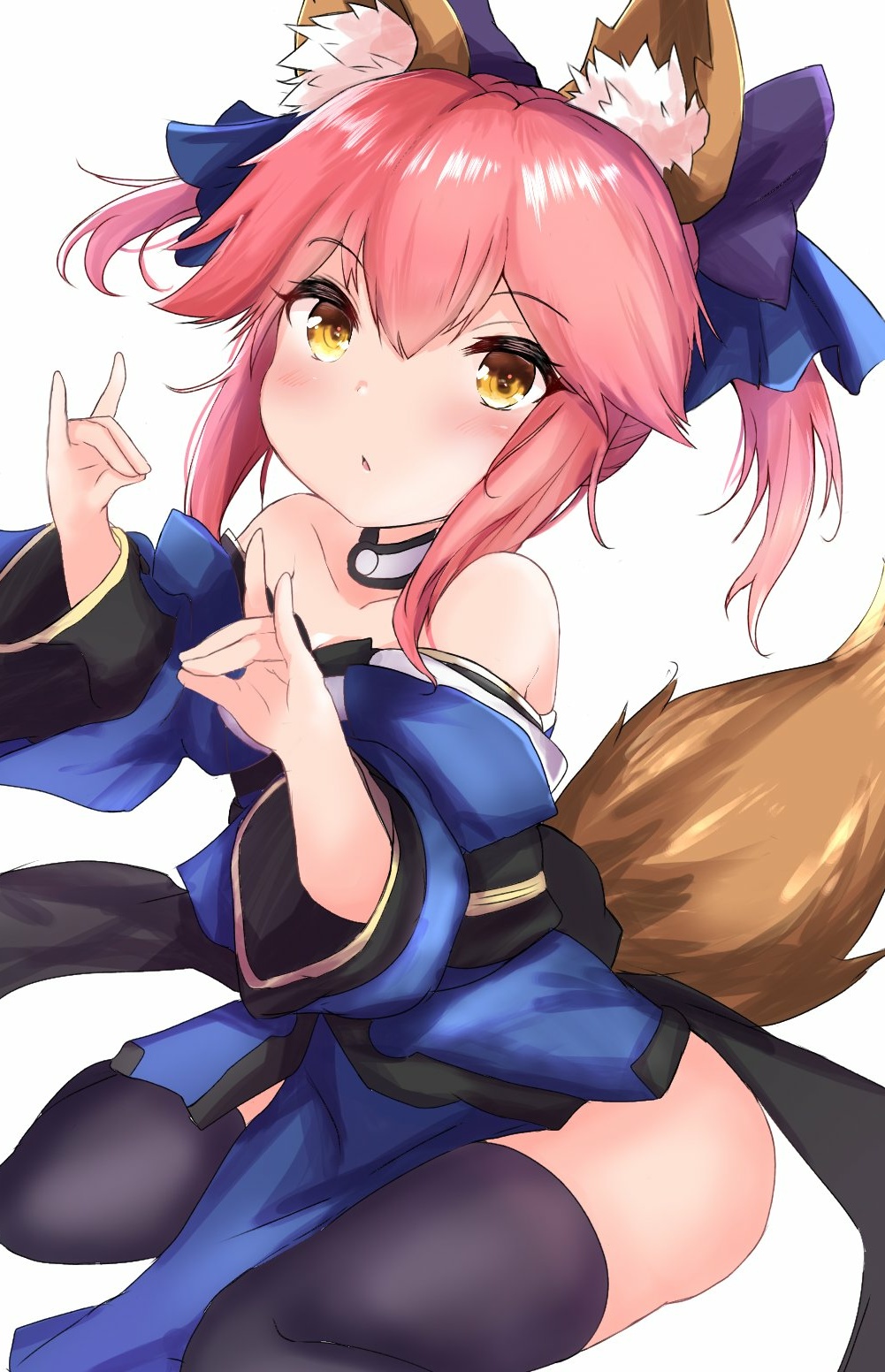 1girl animal_ears ass bare_shoulders black_legwear blue_kimono blush bow choker collarbone detached_sleeves fate/extra fate_(series) fox_ears fox_girl fox_shadow_puppet fox_tail hair_between_eyes hair_bow hair_ribbon highres japanese_clothes kimono long_hair looking_at_viewer open_mouth pink_hair ribbon simple_background sitting solo tail tamamo_(fate)_(all) tamamo_no_mae_(fate) thigh-highs thighs white_background wide_sleeves yellow_eyes yinpa_(wanone500511) younger