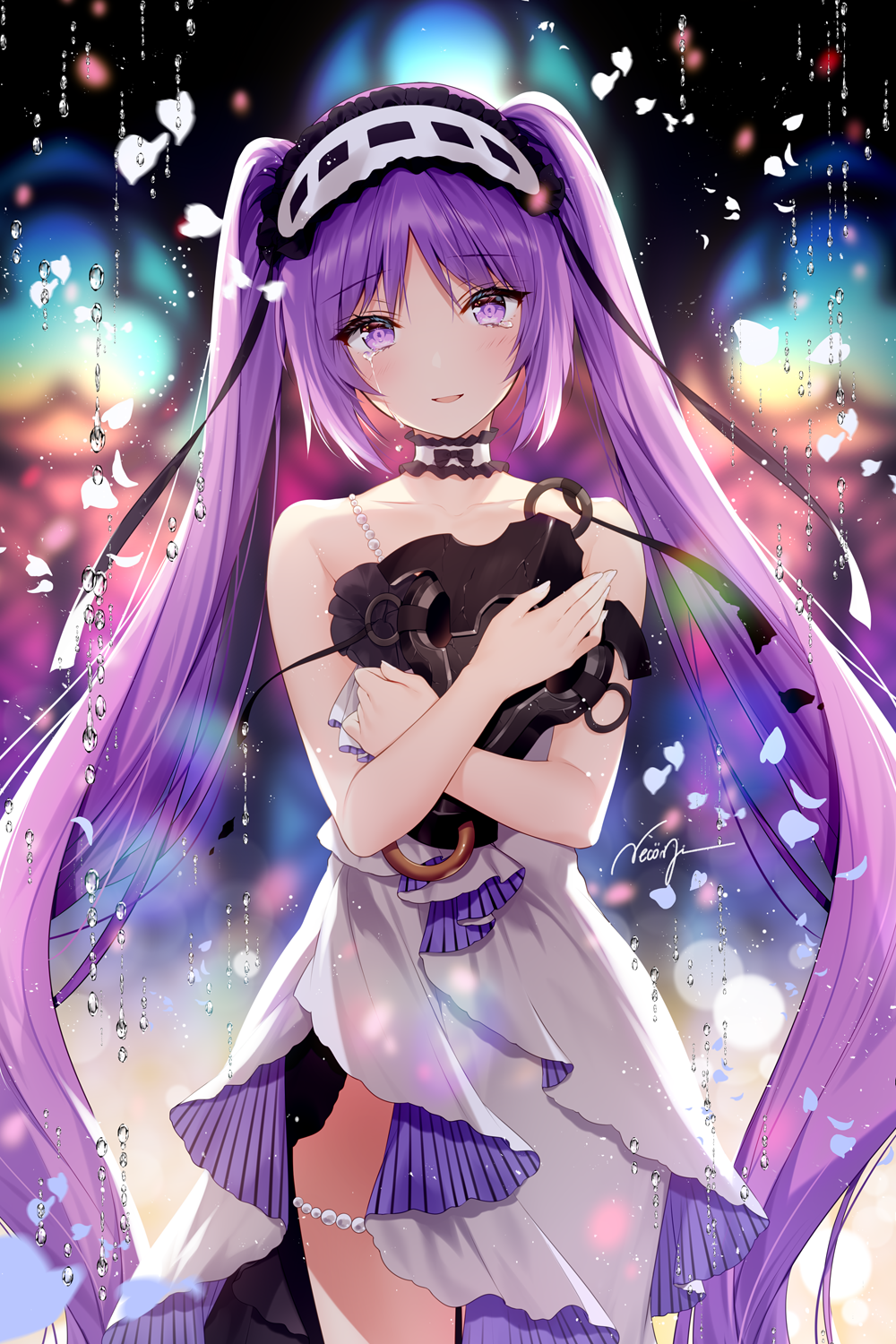 1girl artist_name bangs bare_shoulders beads blurry blurry_background blush choker collarbone commentary_request cowboy_shot crying crying_with_eyes_open depth_of_field dress euryale eyebrows_visible_through_hair fate/grand_order fate_(series) hairband head_tilt highres holding light_smile lolita_hairband long_hair looking_at_viewer mask necomi parted_lips petals purple_hair rain sidelocks signature sleeveless solo tears twintails very_long_hair violet_eyes water water_drop white_dress