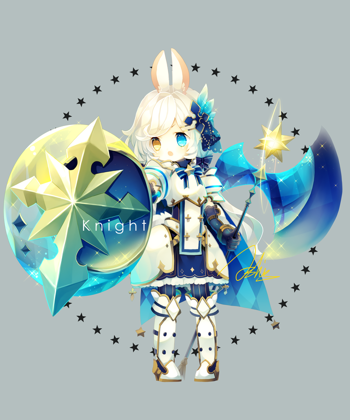 1girl animal_ears ashisu_(shisono) axe battle_axe boots cape dress hair_ornament heterochromia holding holding_axe holding_weapon knight open_mouth original shield signature silver_hair simple_background solo standing star weapon white_hair