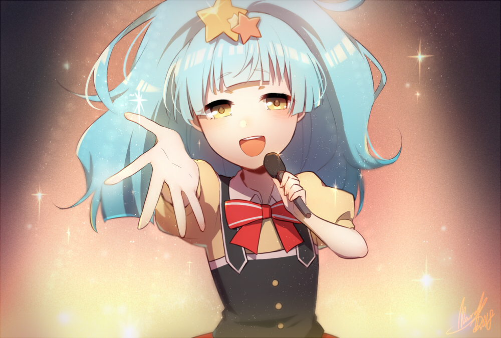 1girl :d bangs blue_hair bow bowtie buttons eyebrows_visible_through_hair glint hair_ornament head_tilt holding holding_microphone hoshikawa_lily long_hair looking_at_viewer mary_(14476764) microphone open_mouth outstretched_hand ponytail puffy_short_sleeves puffy_sleeves reaching_out red_neckwear shirt short_sleeves sidelocks smile solo stage_lights star star_hair_ornament striped striped_neckwear suspenders upper_body upper_teeth wavy_hair wing_collar yellow_eyes yellow_shirt zombie_land_saga