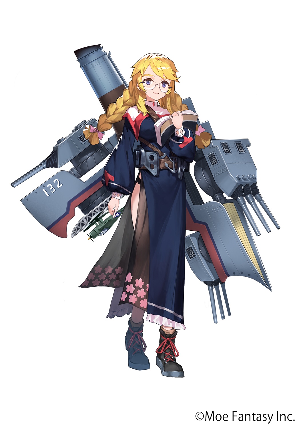 1girl aircraft aircraft_carrier airplane anchor belt black_footwear blonde_hair blue_eyes book braid breasts cross-laced_footwear daible floral_print full_body glasses highres long_hair long_sleeves medium_breasts military military_vehicle open_book puffy_long_sleeves puffy_sleeves ship sidelocks smile solo standing steelblue_mirage turret twin_braids twintails warship watercraft watermark white_background zhan_jian_shao_nyu
