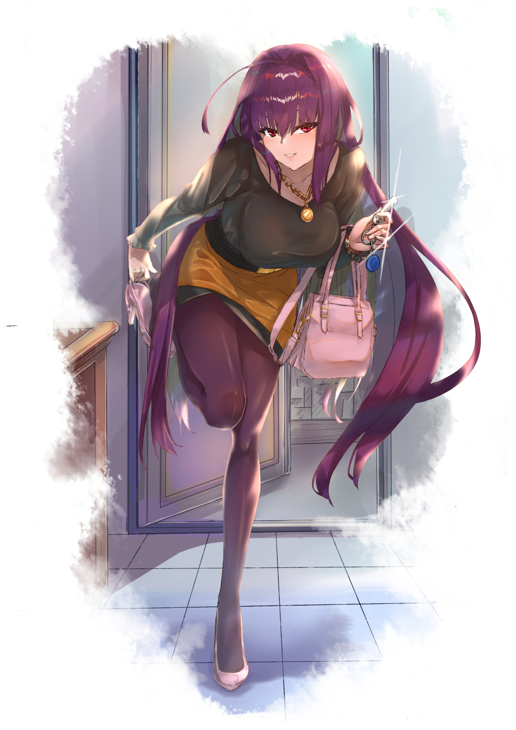1girl bag bending_forward black_shirt black_skirt breasts chest_of_drawers collarbone fate/grand_order fate_(series) hair_intakes handbag high_heels highres jewelry key keychain kinoko_(shikimylove) large_breasts long_hair looking_at_viewer necklace office_lady open_door pantyhose purple_hair red_eyes removing_shoes scathach_(fate)_(all) scathach_(fate/grand_order) shirt skirt smile tile_floor tiles very_long_hair