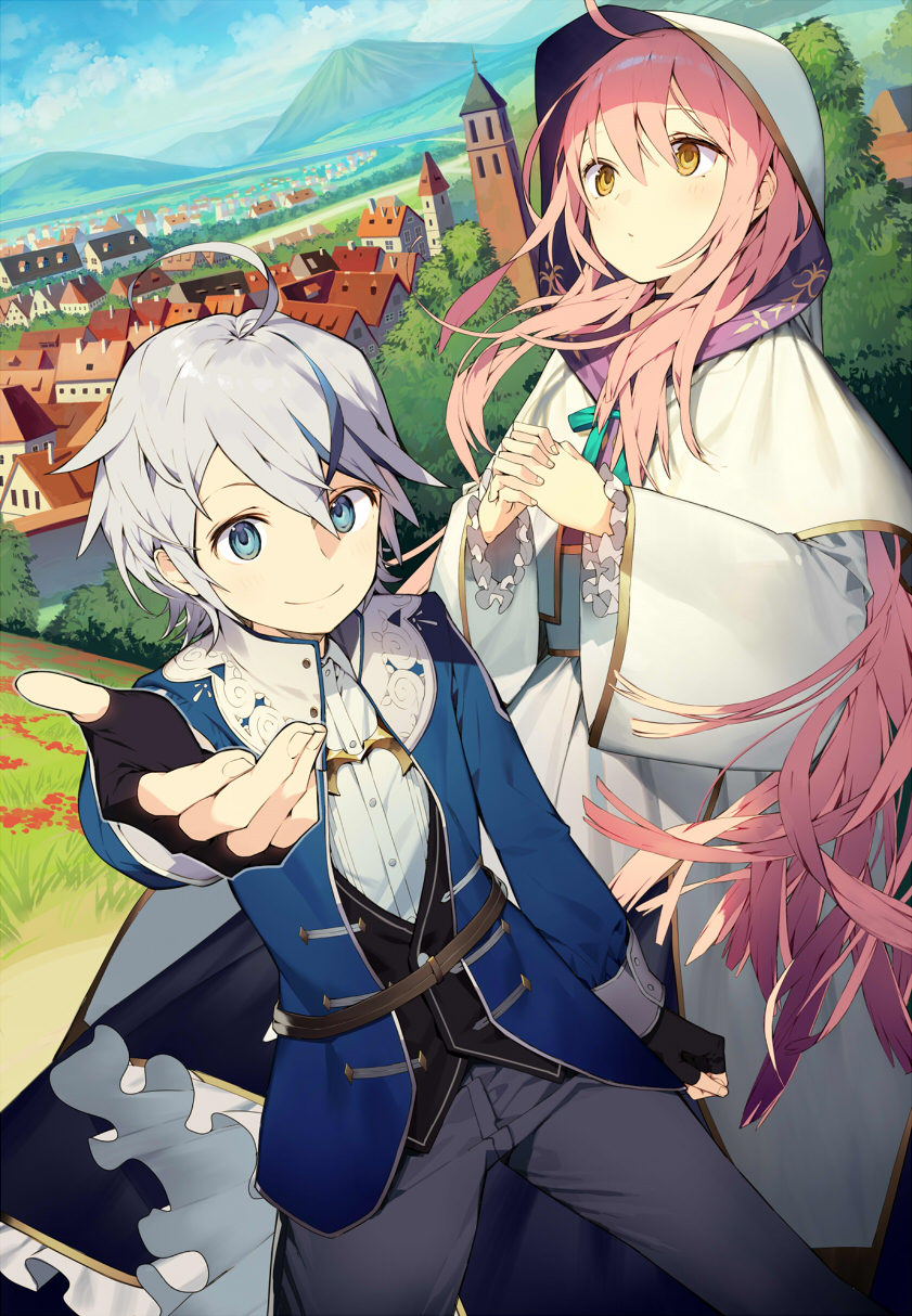 1boy 1girl ahoge arm_at_side black_gloves black_vest blue_eyes blue_sky brown_eyes clouds copyright_request day dutch_angle fingerless_gloves gloves grass grey_hair grey_pants highres hood looking_at_viewer looking_up misoni_comi mountain official_art outdoors outstretched_hand pants pink_hair robe sky standing tower vest village white_hood white_robe wide_sleeves