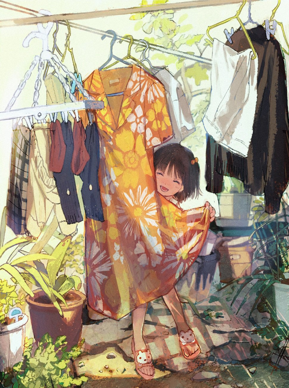 1girl beads brown_hair child closed_eyes clothes_hanger commentary grin hair_beads hair_ornament highres laundry laundry_pole original outdoors planter qooo003 sandals smile tree