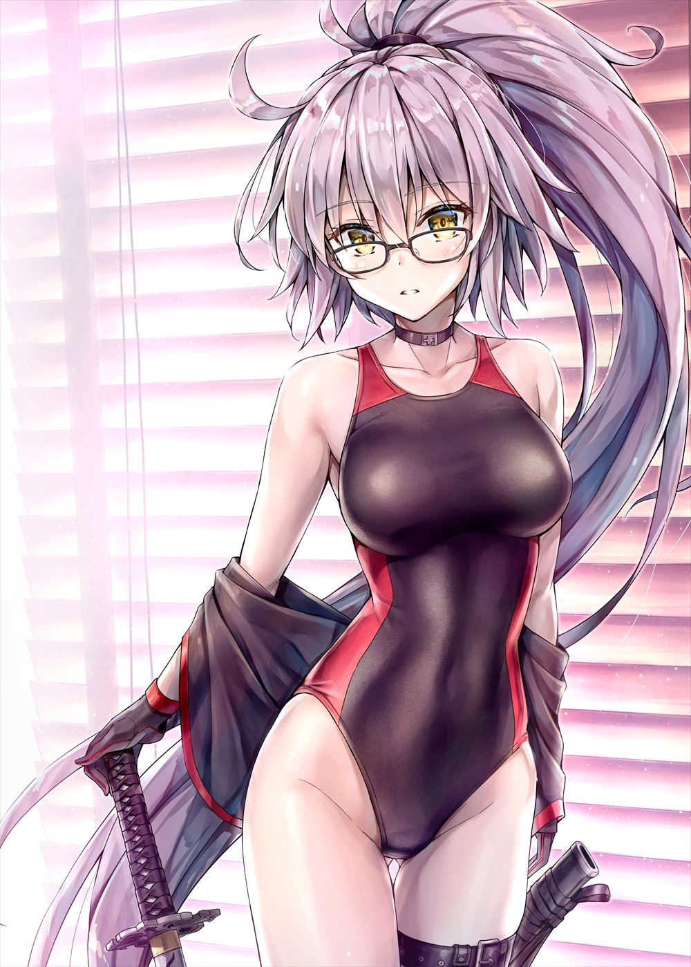 1girl ahoge ass_visible_through_thighs bangs black_gloves black_jacket blinds blush breasts brown-framed_eyewear choker collarbone competition_swimsuit covered_navel eyebrows_visible_through_hair fate/apocrypha fate/grand_order fate_(series) glasses gloves groin hair_between_eyes hand_on_sword highleg highleg_swimsuit highres indoors jacket jeanne_d'arc_(alter_swimsuit_berserker) jeanne_d'arc_(fate)_(all) katana kotatsu_(kotatsu358) large_breasts light_particles long_hair looking_at_viewer one-piece_swimsuit parted_lips ponytail purple_hair sheath shrug_(clothing) sidelocks skindentation solo swimsuit sword thigh_strap very_long_hair weapon yellow_eyes