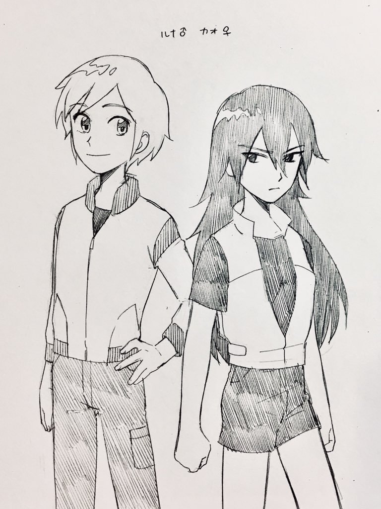 genderswap genderswap_(ftm) genderswap_(mtf) jacket kaoru_(mujin_wakusei_survive) long_hair luna_(mujin_wakusei_survive) monochrome mujin_wakusei_survive rakikoko shorts sketch smile