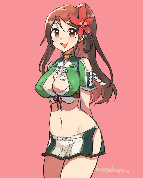 1girl :d amagi_(kantai_collection) arms_behind_back artist_name breasts brown_eyes brown_hair cleavage cowboy_shot flower hair_flower hair_ornament hakama_skirt kantai_collection large_breasts long_hair looking_at_viewer microskirt mogamiya_honu mole mole_under_eye navel open_mouth red_background shide simple_background skirt smile solo stomach