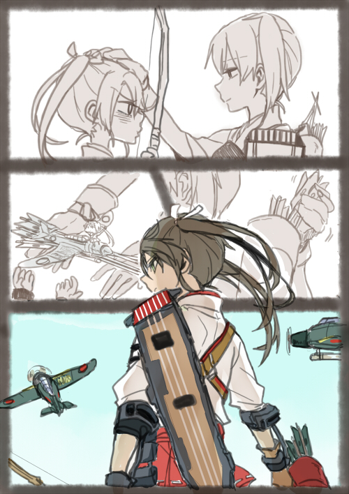 2girls aircraft airplane arrow bow_(weapon) comic commentary_request fairy_(kantai_collection) flight_deck hand_on_another's_head japanese_clothes kaga_(kantai_collection) kantai_collection long_hair multiple_girls muneate quiver ree_(re-19) side_ponytail weapon younger zuikaku_(kantai_collection)