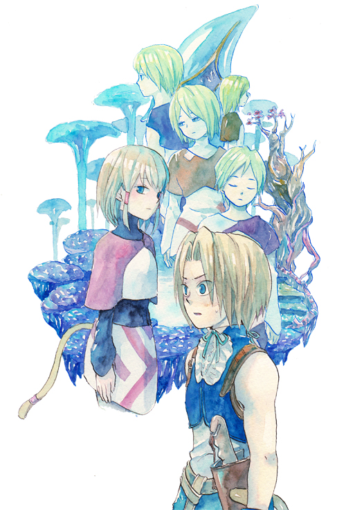 blonde_hair blue_eyes brother_and_sister commentary_request dagger deboo final_fantasy final_fantasy_ix hair_tubes knife medium_hair mikoto_(ff9) monkey_tail multiple_boys multiple_girls short_hair siblings tail traditional_media watercolor_(medium) weapon zidane_tribal