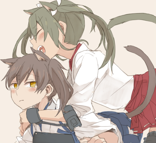 2girls animal_ears blush cat_ears cat_tail commentary_request green_hair hair_ribbon hakama_skirt japanese_clothes kaga_(kantai_collection) kantai_collection kemonomimi_mode long_hair multiple_girls ree_(re-19) ribbon side_ponytail tail twintails white_ribbon yuri zuikaku_(kantai_collection)