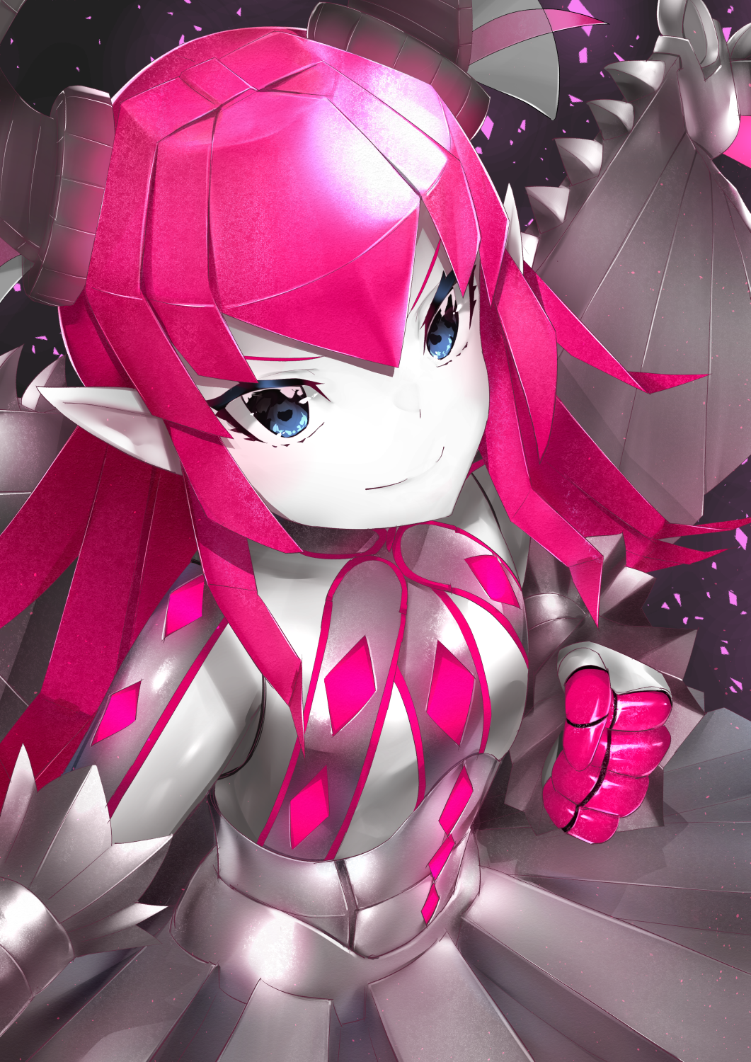 1girl bangs black_background blue_eyes clenched_hand closed_mouth cyborg dragon_girl dragon_horns dress elizabeth_bathory_(fate)_(all) fate/grand_order fate_(series) from_above grey_dress highres horns long_hair looking_at_viewer mecha_eli-chan mechanical_wings pink_hair pointy_ears reuri_(tjux4555) shiny sidelocks smile solo spikes v-shaped_eyebrows wings