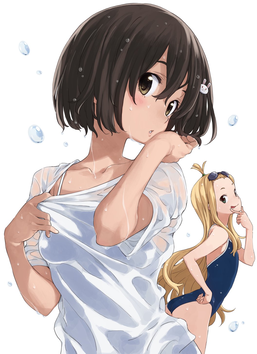 2girls black_hair blonde_hair blue_swimsuit blush bra_strap breasts brown_eyes colette_(kono_bijutsubu_niwa_mondai_ga_aru!) collarbone eyewear_on_head flat_chest green_eyes hand_on_hip head_tilt highres imigimuru kono_bijutsubu_niwa_mondai_ga_aru! leaning_forward long_hair looking_at_viewer multiple_girls one_side_up parted_lips school_swimsuit shirt short_hair short_sleeves simple_background small_breasts swimsuit tongue tongue_out usami_mizuki very_long_hair wet wet_clothes wet_shirt white_background white_shirt