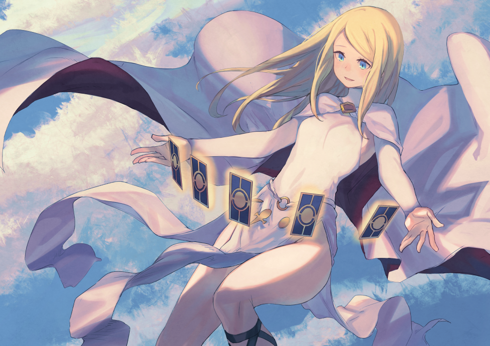 1girl bangs blonde_hair blue_eyes blue_sky blush breasts cape card clouds cloudy_sky commentary_request day dress groin long_hair long_sleeves multicolored multicolored_cape multicolored_clothes o-ring original outdoors pantyhose parted_lips peroncho red_cape sky small_breasts smile solo white_cape white_dress white_legwear