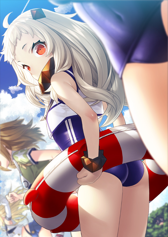 4girls ahoge ass black_panties blonde_hair blue_sky breasts brown_hair clothes_writing clouds cosplay covered_navel crop_top day elbow_gloves gloves grey_eyes highleg highleg_panties horns i-26_(kantai_collection) kantai_collection kyon_(fuuran) lifebuoy long_hair looking_at_viewer miniskirt mittens multiple_girls new_school_swimsuit northern_ocean_hime one-piece_swimsuit open_clothes orange_eyes outdoors panties ro-500_(kantai_collection) ro-500_(kantai_collection)_(cosplay) sailor_collar school_swimsuit shimakaze_(kantai_collection) shinkaisei-kan skirt sky striped striped_legwear swimsuit swimsuit_under_clothes underwear white_gloves white_hair