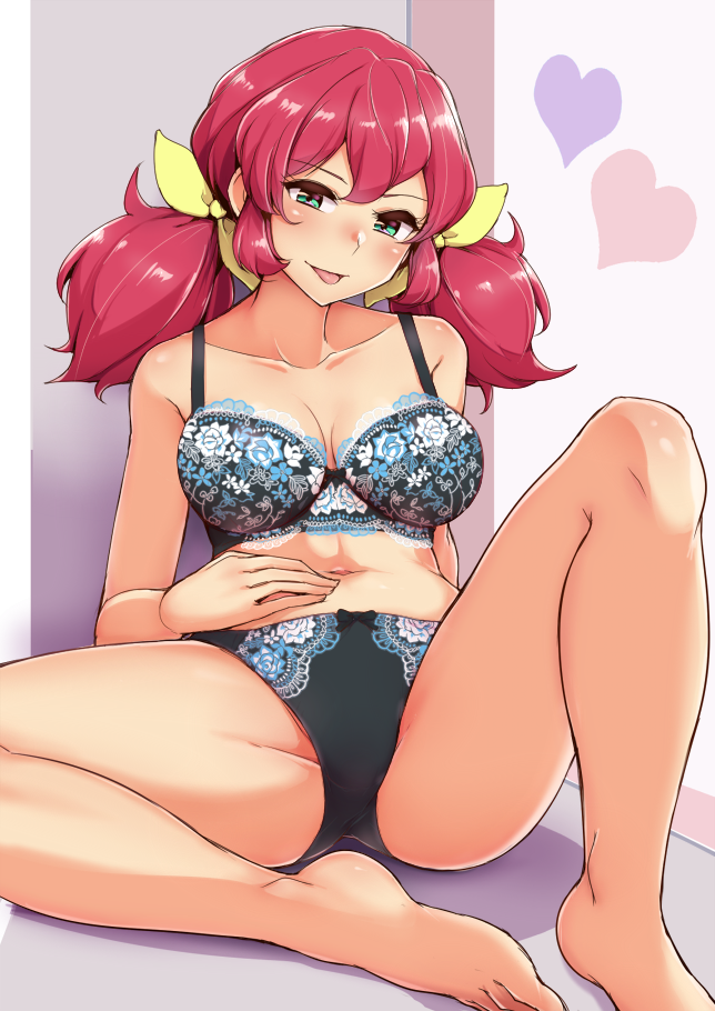 1girl :p against_wall aikatsu!_(series) aikatsu_friends! asuka_mirai_(aikatsu_friends!) bangs barefoot black_bra black_panties bow bow_bra bow_panties bra breasts closed_mouth collarbone commentary_request crotch_seam floral_print hair_ribbon half-closed_eyes hand_on_own_stomach head_tilt heart lace lace-trimmed_bra large_breasts legs light_blush long_hair looking_at_viewer navel panties partial_commentary print_bra print_panties redhead ribbon shadow sitting smile solo spread_legs tongue tongue_out twintails tyranu underwear underwear_only yellow_ribbon