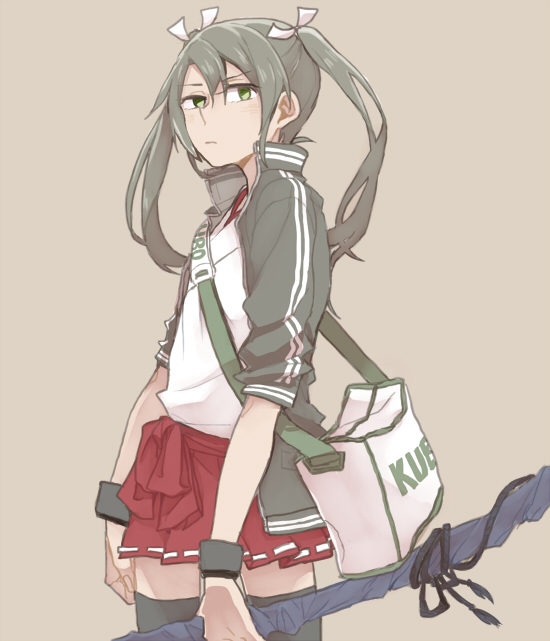 1girl closed_mouth commentary_request double_vertical_stripe green_eyes green_hair hakama_skirt holding jacket kantai_collection light_blush long_hair long_sleeves looking_at_viewer open_clothes open_jacket ree_(re-19) romaji solo twintails zuikaku_(kantai_collection)