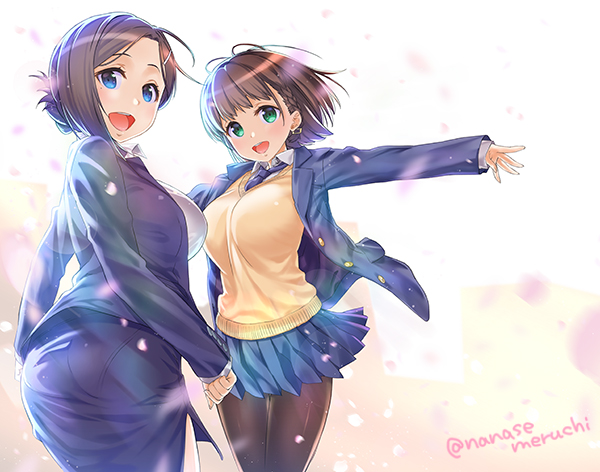 2girls ai-chan_(tawawa) arms_at_sides bangs blue_eyes blush braid breasts brown_hair commentary_request dress_shirt getsuyoubi_no_tawawa green_eyes hair_ornament hairclip kouhai-chan_(tawawa) large_breasts looking_at_viewer miniskirt mole mole_under_eye multiple_girls nanase_meruchi open_mouth outstretched_arms pantyhose pantylines petals school_uniform shirt short_hair side_braid skirt smile sweater_vest twitter_username v-neck yellow_sweater_vest