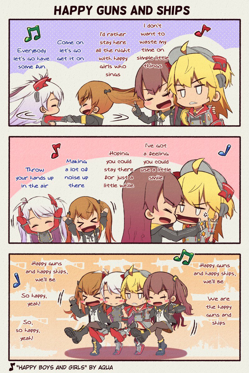 &gt;_&lt; 3koma 4girls admiral_hipper_(azur_lane) anger_vein angry antenna_hair arms_up azur_lane bangs beamed_eighth_notes blonde_hair boots brown_hair comic commentary commentary_request crossover dancing eighth_note english english_commentary eyebrows_visible_through_hair fingerless_gloves girls_frontline gloves gun h&amp;k_ump hair_between_eyes hair_ornament hairclip happy hat headgear heckler_&amp;_koch highres jacket long_hair mole multicolored_hair multiple_girls music musical_note open_mouth personification prinz_eugen prinz_eugen_(azur_lane) quarter_note red_gloves redhead ribbon scar scar_across_eye ship silver_hair singing skirt slapping smile spinning streaked_hair stretching_cheeks submachine_gun sweatdrop tweetdian twintails two_side_up ump45_(girls_frontline) ump9_(girls_frontline) watercraft weapon