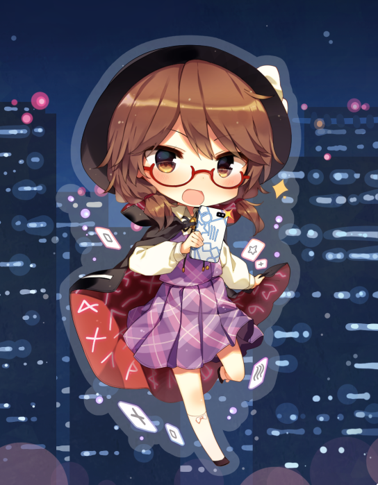 1girl bangs black_cape black_footwear black_hat bow brown_eyes brown_hair cape card cellphone city commentary_request eyebrows_visible_through_hair fedora full_body glasses hair_between_eyes hat hat_bow high_collar holding holding_phone kneehighs leg_up long_sleeves looking_at_viewer low_twintails night night_sky open_mouth outdoors phone plaid plaid_vest pleated_skirt puffy_sleeves purple_skirt purple_vest red-framed_eyewear shinoba shirt shoes short_hair skirt skirt_set sky smartphone solo sparkle touhou twintails usami_sumireko vest white_bow white_legwear white_shirt wing_collar