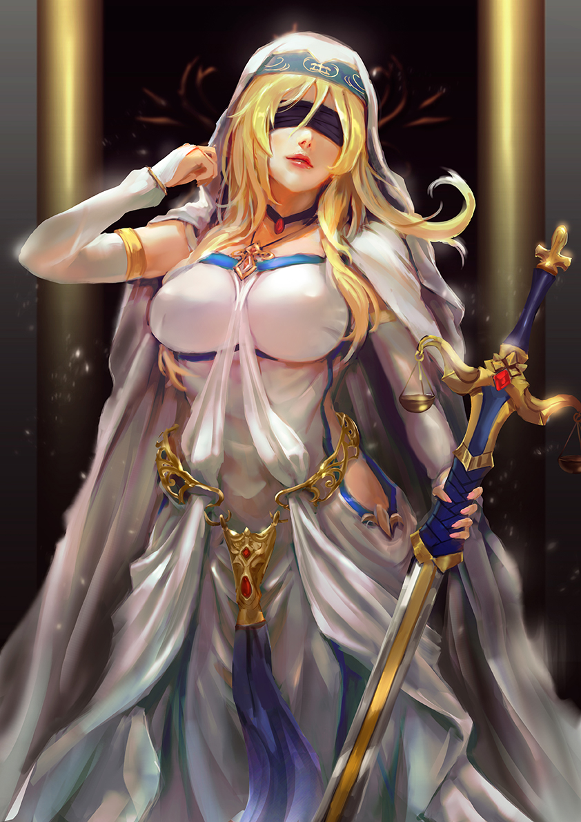 1girl arm_up bangs black_blindfold blindfold blonde_hair breasts cglas covered_nipples detached_sleeves dress facing_viewer goblin_slayer! headdress hip_vent holding holding_sword holding_weapon jewelry large_breasts long_dress long_hair necklace parted_lips pillar robe solo standing sword sword_maiden weapon white_dress