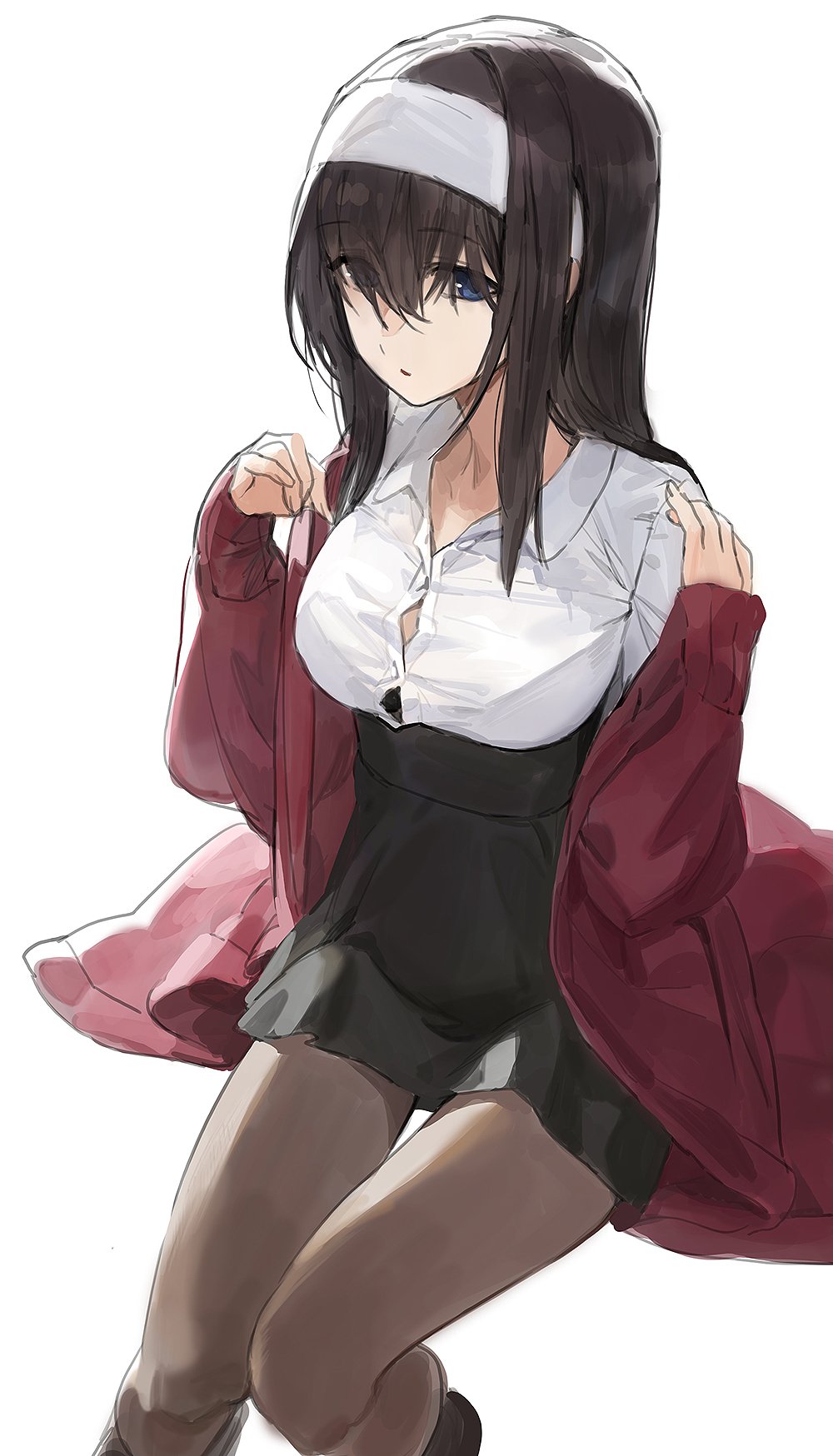 1girl bangs black_hair black_skirt blue_eyes breasts coat dress_shirt hair_between_eyes hair_over_eyes hairband high-waist_skirt highres idolmaster idolmaster_cinderella_girls large_breasts long_hair long_sleeves looking_at_viewer mossi off_shoulder open_clothes open_coat pantyhose parted_lips red_coat sagisawa_fumika shirt simple_background skirt solo thighs white_background white_shirt