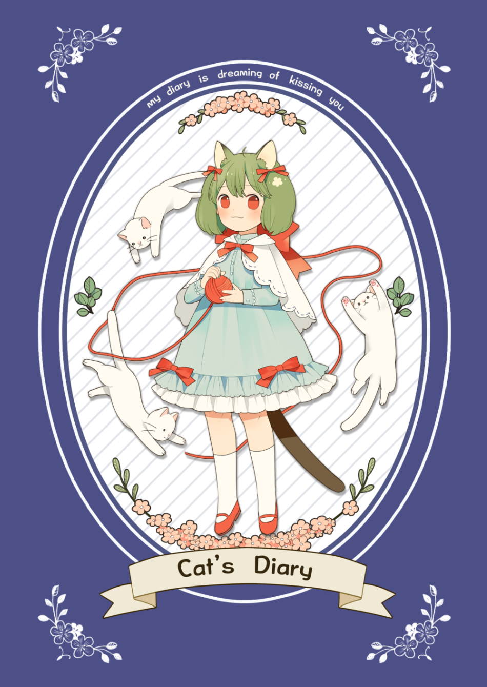 1girl ahoge alternate_costume animal animal_ears bow capelet cat cat_ears cat_tail dress engrish green_hair highres lrul macross macross_frontier ranguage ranka_lee red_eyes short_hair smile solo tail white_cat yarn