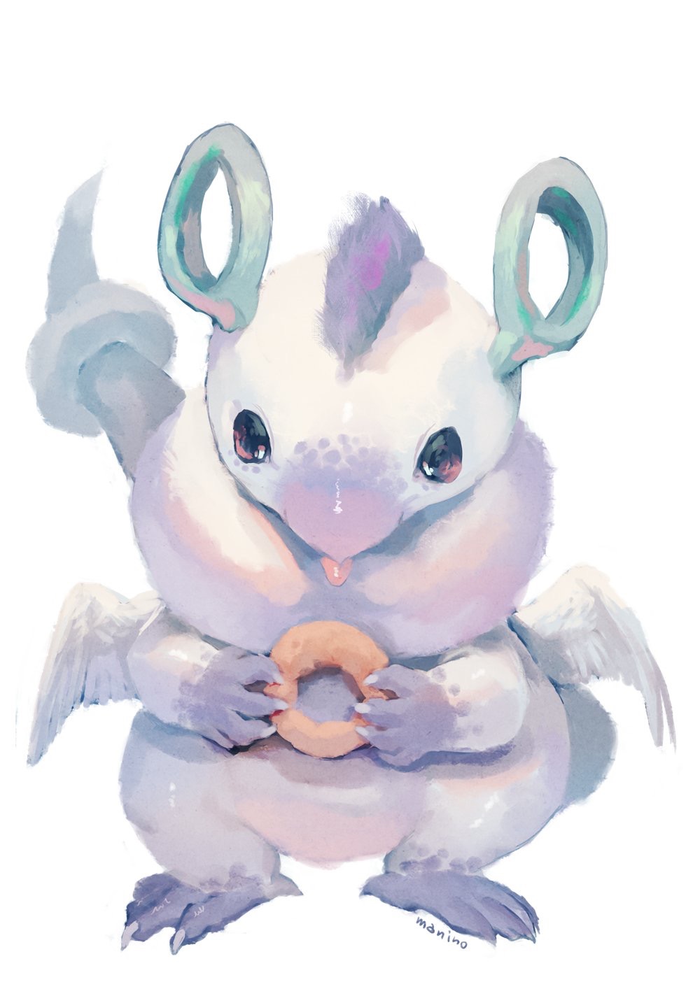 commentary_request creature doughnut dragon food full_body highres looking_at_viewer manino_(mofuritaionaka) no_humans original signature simple_background standing white_background wings