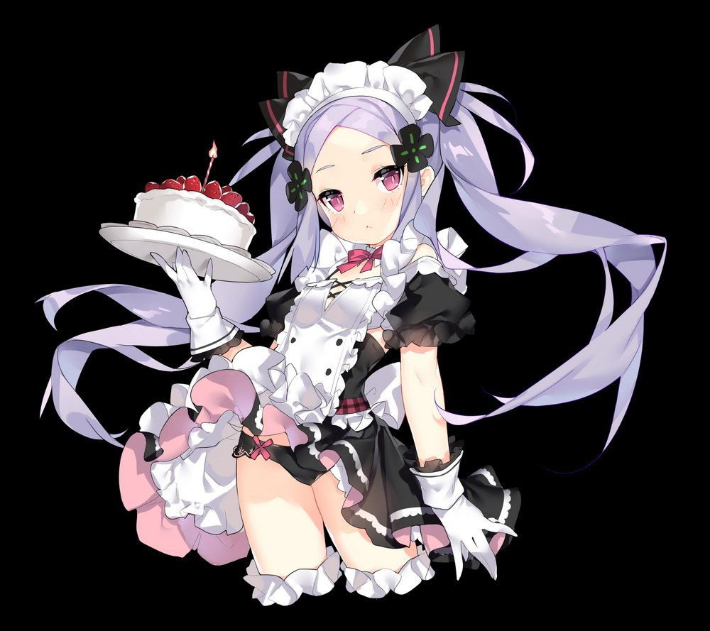 1girl apron bangs birthday_cake black_dress black_panties bow bow_panties breasts burning cake candle copyright_request dress fire food forehead fruit gloves hair_ornament head_tilt holding holding_plate maid maid_headdress panties parted_bangs plate puffy_short_sleeves puffy_sleeves purple_hair red_eyes saru short_sleeves small_breasts solo strawberry twintails underwear white_apron white_gloves