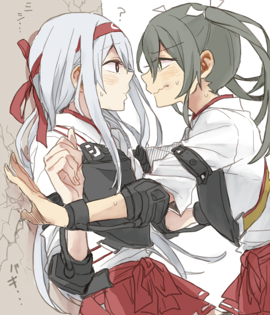 2girls ? against_wall akagi_(kantai_collection) bangs blush closed_mouth commentary_request couple cracked_wall eye_color_request eye_contact furrowed_eyebrows green_hair grey_hair hair_ribbon hakama_skirt imminent_kiss kantai_collection large_hands long_hair looking_at_another multiple_girls muneate nape profile ree_(re-19) ribbon shoukaku_(kantai_collection) surprised_arms sweat translated twintails wavy_mouth white_ribbon yuri